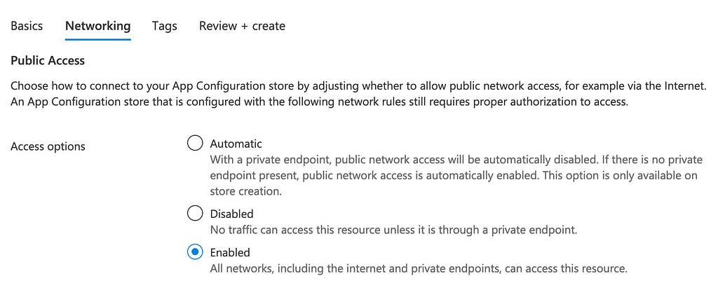 A configuration dialog for setting up public access to an Azure App Configuration resource. The “Enabled” button is selected.