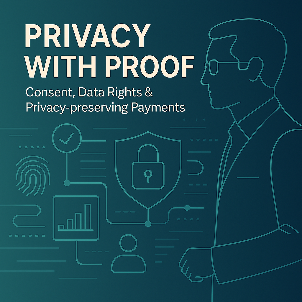 A digital illustration in teal and turquoise hues depicting abstract, interconnected geometric shapes symbolizing secure data flow. Central nodes with shield icons suggest data privacy and protection, while translucent layers evoke concepts of consent and governance in a decentralized digital environment. The style is modern, clean, and professional, reflecting academic and technological sophistication.