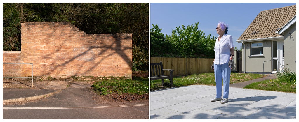 A photographic diptych. The image on the left shows a yellow brick garden wall on which a long shadow of a tree and its branches are cast. The image is taken from the road and shows a concrete path and handrail to the left, and a small patch of grass verge to the right. The image on the right shows a paved area with a wooden bench. Beyond that is a concrete path with a handrail between a lawn strewn with daisies, leading to a small grey bungalow. On the paved area in the foreground stands a tall