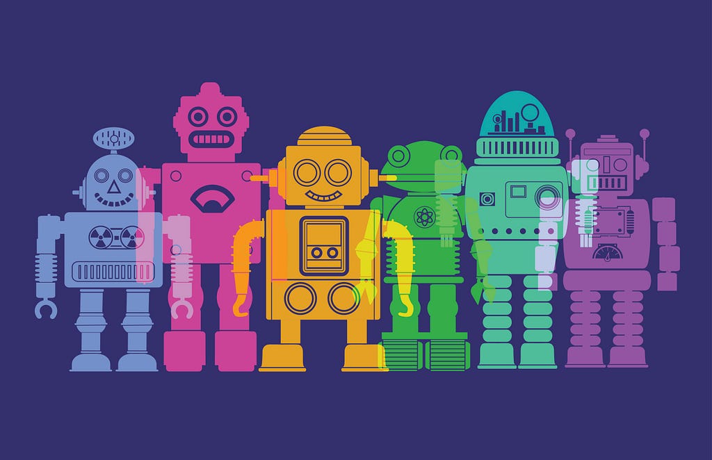 A graphic of multi-colored bots