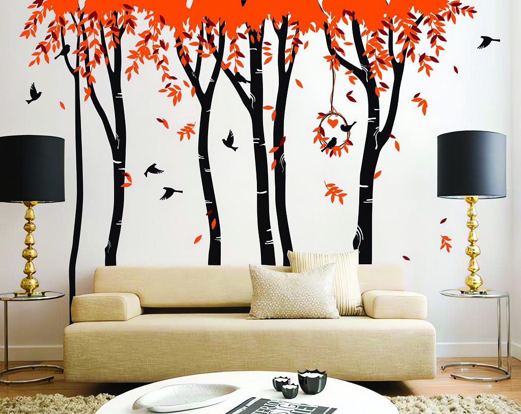 autumnal tree wall sticker with birds in a living room with couch and lamp