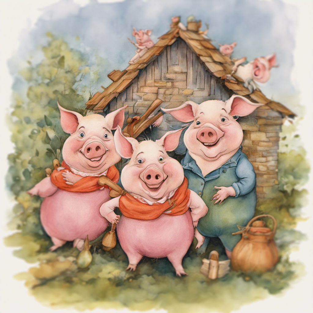 Three pigs with a house behind them, smiling