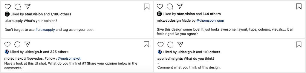 Four screenshots of descriptions from Instagram posts. They all ask for feedback in descriptions