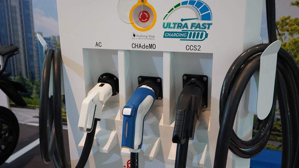 A multi-connector electric vehicle charging station from Indonesia