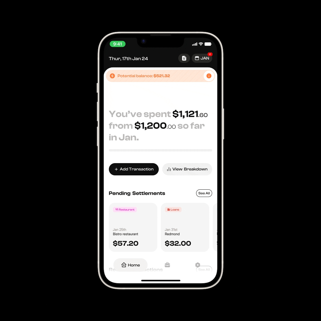 Home screen animation of finance tracker showing dynamic expense distribution. Displays potential balance (upon debt settlement to user). Also shows pending debt reminders and live-updating spending categories across user profiles.