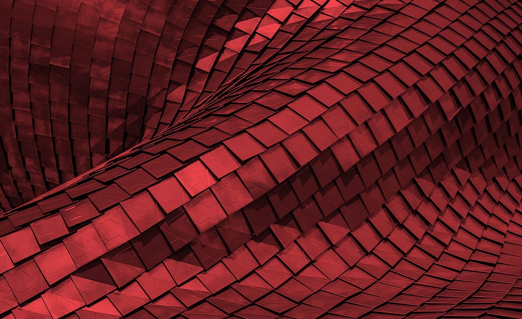 Reflective red tiles in a wave architecture.
