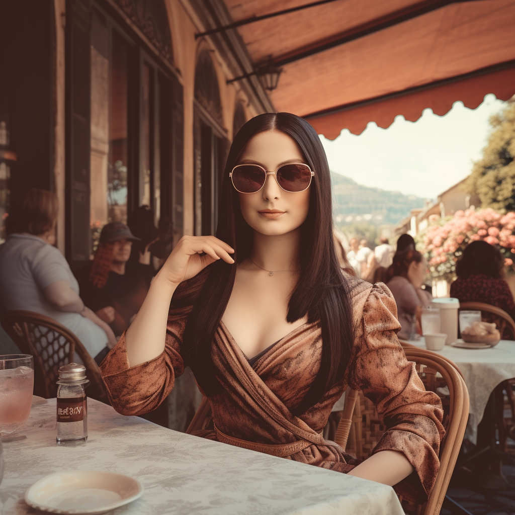 modern version of Mona Lisa in outdoor cafe posing