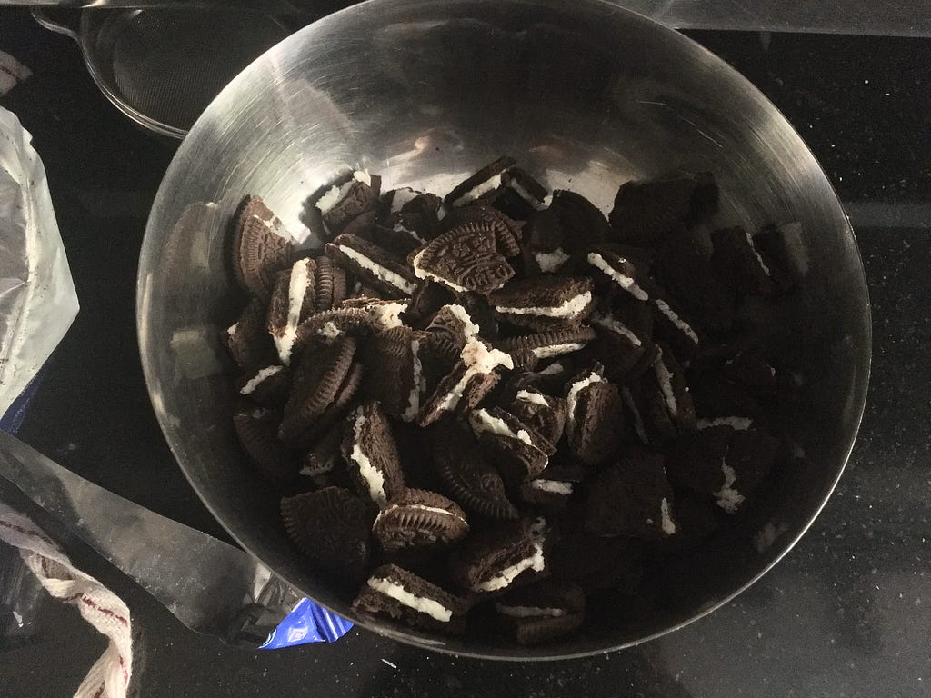 Oreo Cookies crushed in a bowl