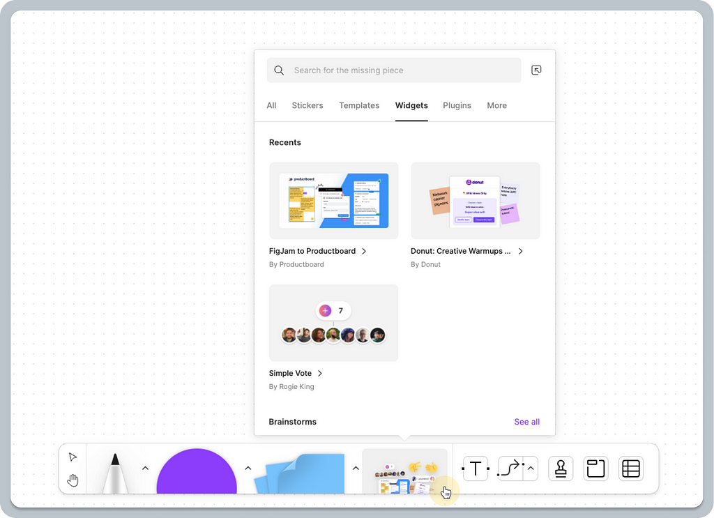A screenshot showing FigJam’s toolbar with their widget pop-over menu expanded, showing recently opened widgets like “FigJam to Productboard,” “Donut: Creative warmups,” or “Simple Vote”.