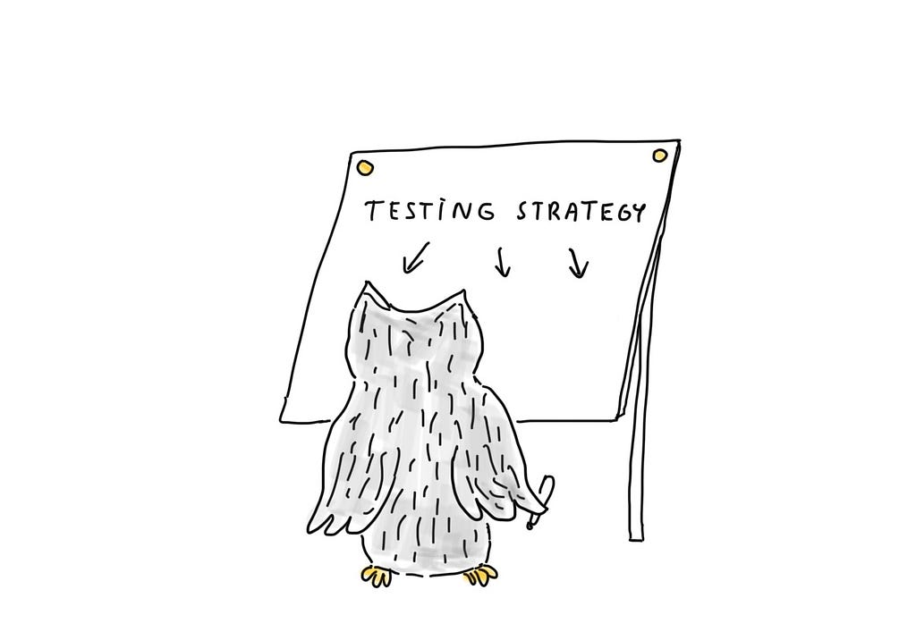 Owl is standing in front of the flipchart. “TESTING STRATEGY” is written on the flipchart.