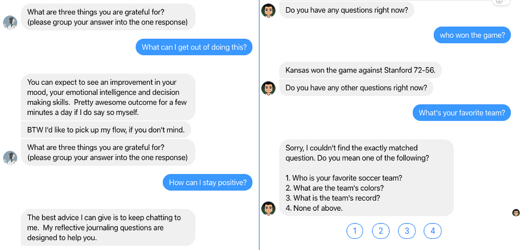 Facebook messenger chat show the Chatbot understand user questions and give suggestions for the question it doesn’t recognize