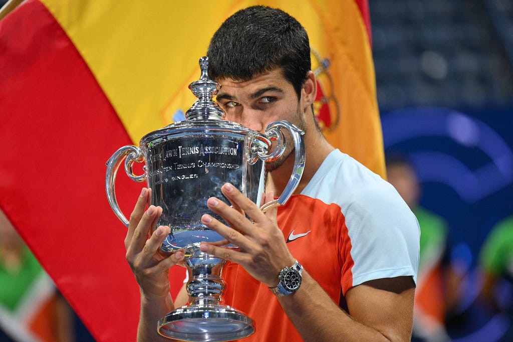 Carlos Alcaraz wins his first Grand Slam title at the US Open, 2022. | Image Credit: Carlos Alcaraz/X via Getty Images.