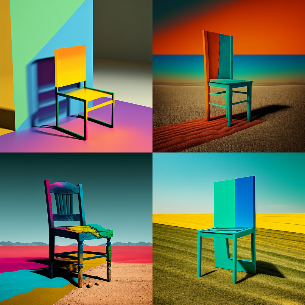 chairs, color field paintings