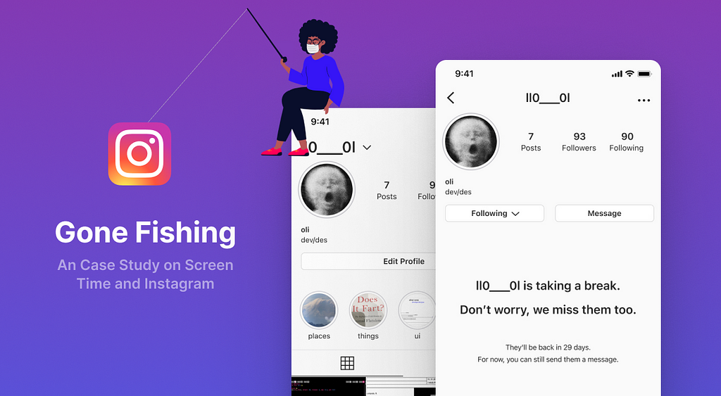 A graphic of a person sitting on top of a instagram mockup with a fishing pole. The reel is hooked onto the Instagram logo.