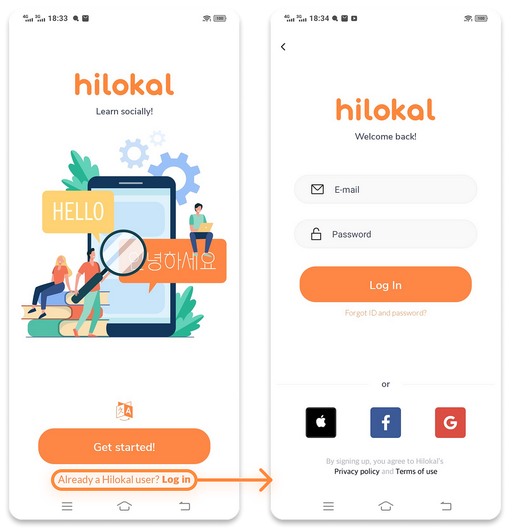 Separated welcome page and login page of Hilokal app version 2.0.2