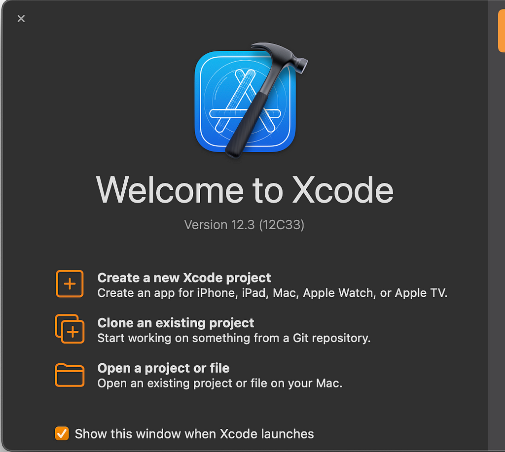 The ‘Welcome to Xcode’ screen of Xcode that is displayed to users on startup.