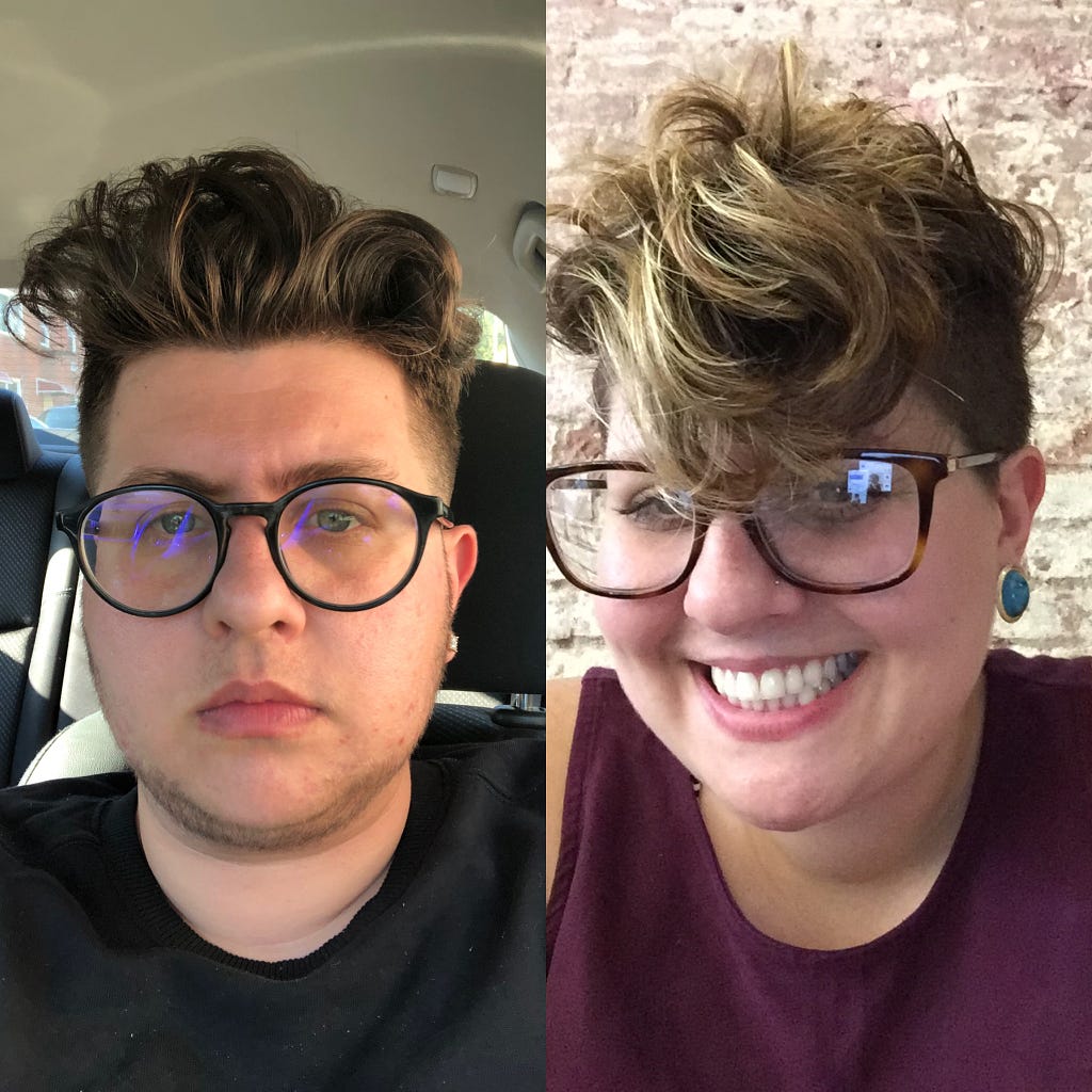 There are two pictured side by side. On the left is me after testosterone. I have some facial hair grown in and some facial features have changed. On the right is me as a female presenting.