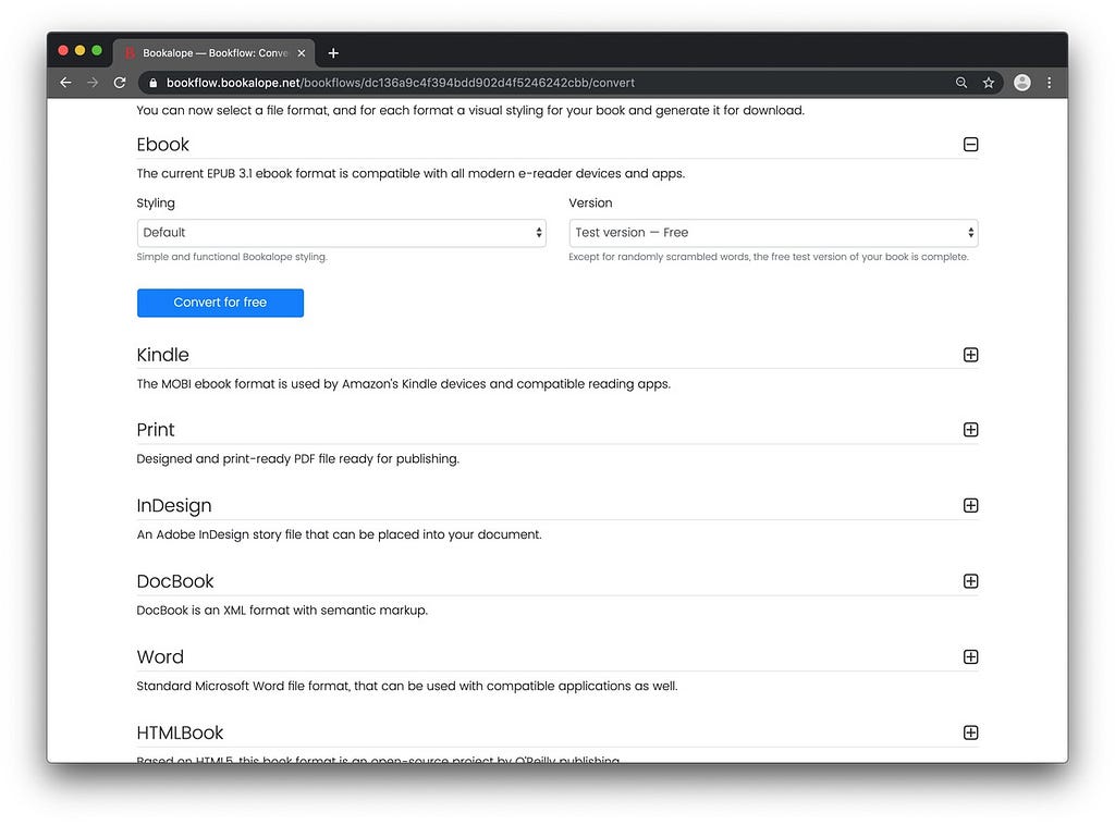 A screen shot of Bookalope’s web UI to select a download format for the book, and to download the final converted file.