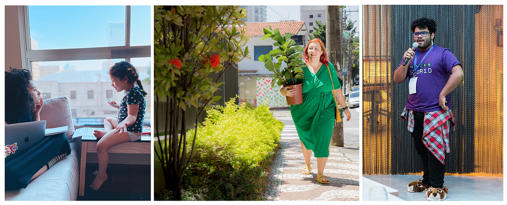 Diferentes pessoas que trabalham na Loft. Jessyca com sua filha olhando uma para a outra. Talita caminhando na rua segurando um vaso de plantas. Rafa dando uma palestra com microfone na mãos e pantufas de tigre.