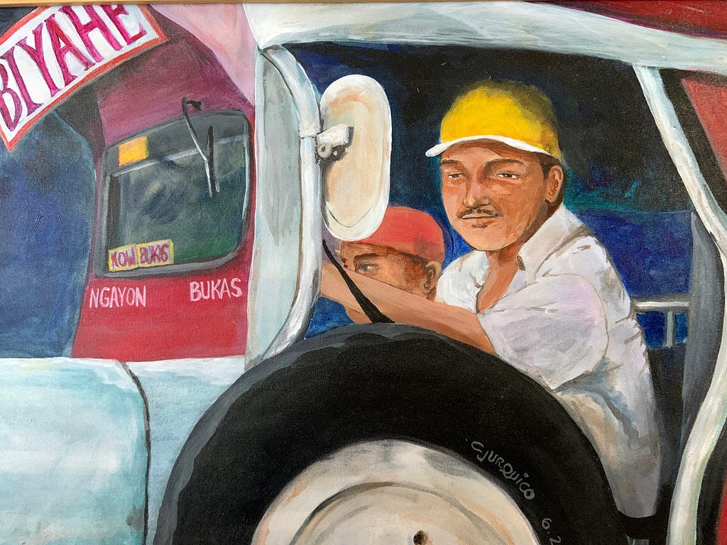 A painting of a jeepney driver with a slight smile while he works. The headline ‘Biyahe’ means journey. ‘Ngayon’ means now. ‘Bukas’ means tomorrow. “Jeepney Driver” 2011 — Acrylic on Canvas — CJ Urquico