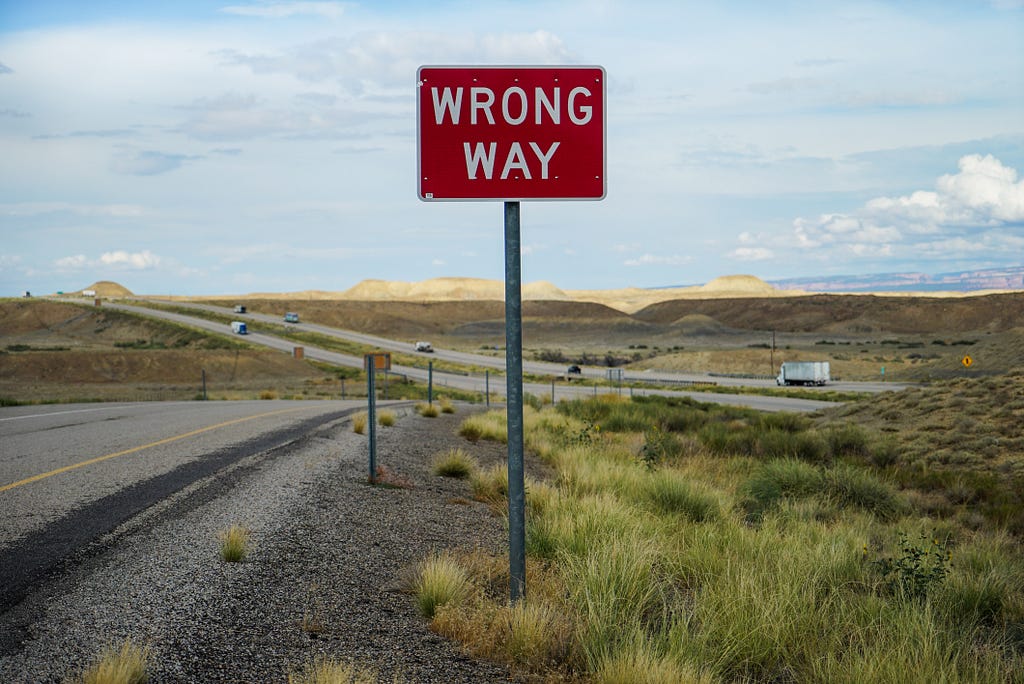 Wrong way sign at entrance to freeway