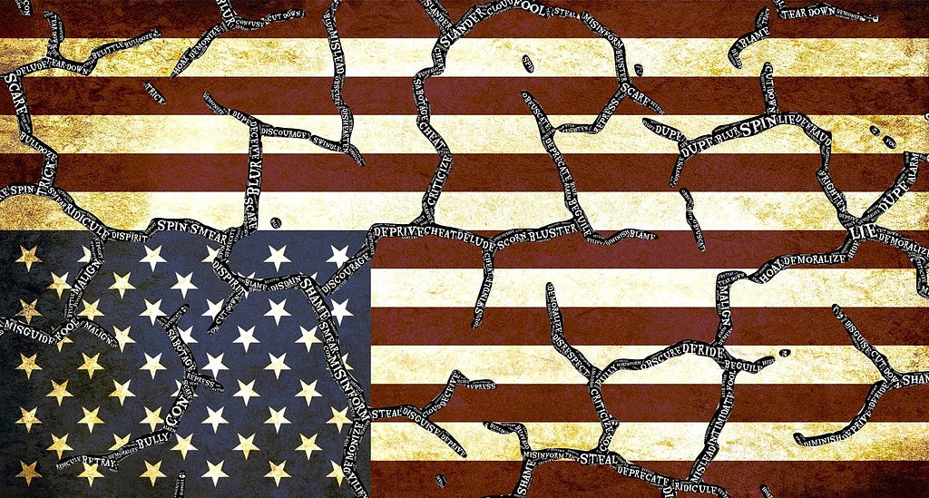 Upside down, antique-looking American flag with cracks — distress and division