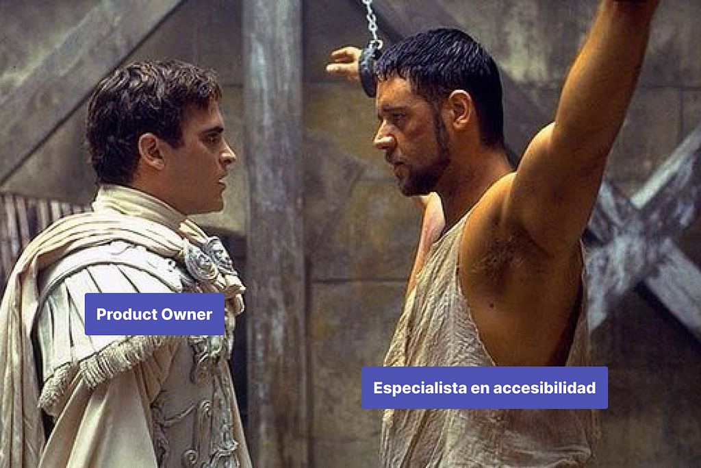 Chiste gráfico con el Gladiador. Product owner frente a especialista de accesibilidad con las manos encadenadas.