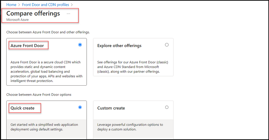 Figure 13 — shows selecting Azure Front Door CDN offer and Quick Create option.