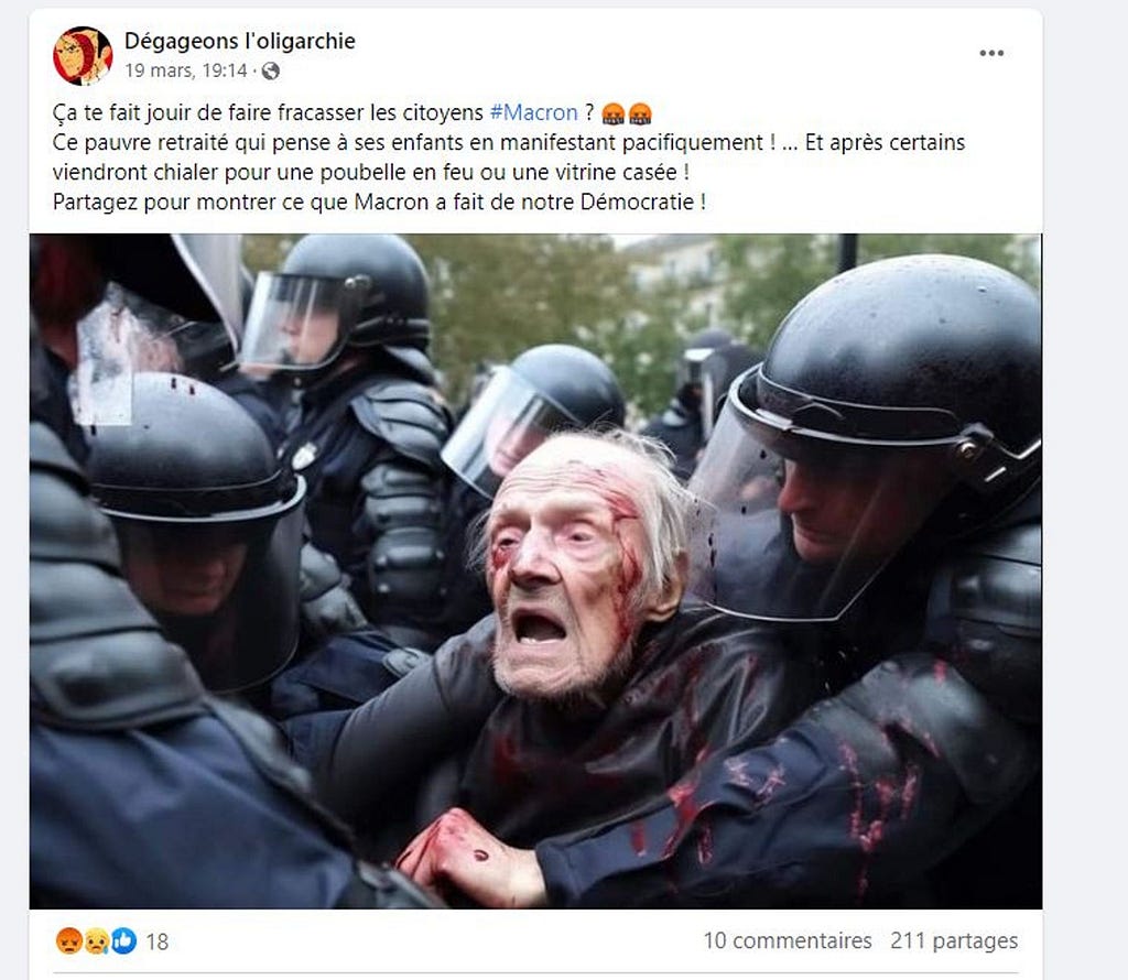 Fausse photo créée par l’IA générative Midjourney représentant un manifestant âgé brutalisé par les forces de l’ordre