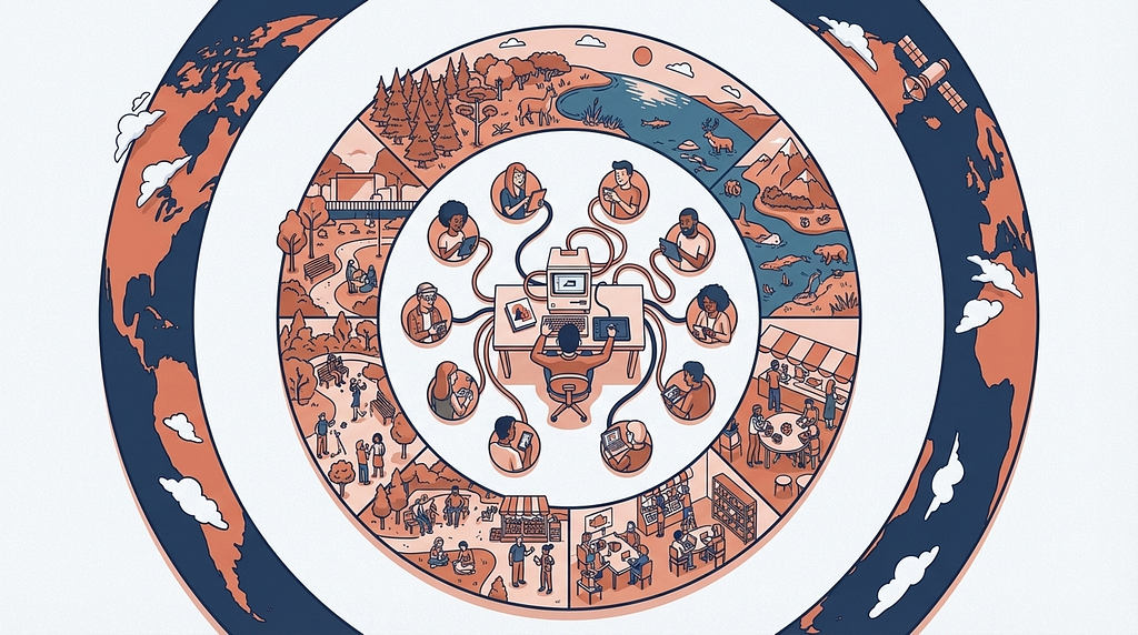 Illustration of concentric circles expanding outward from a designer at a desk in the centre. The inner ring shows individual users connected by lines to the designer’s work. The middle ring is segmented into scenes of communities, parks, markets, workplaces, forests, rivers, and wildlife. The outer ring shows the Earth with continents, clouds, and a satellite, representing the planetary scope of humanity-centred design.