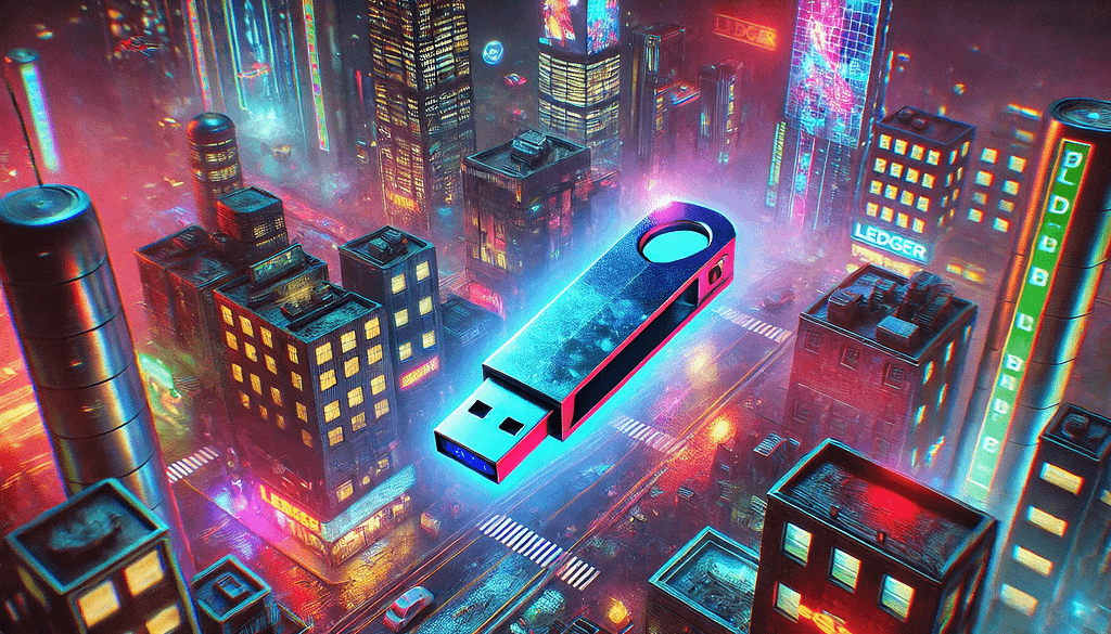 ledger device and the city in the background