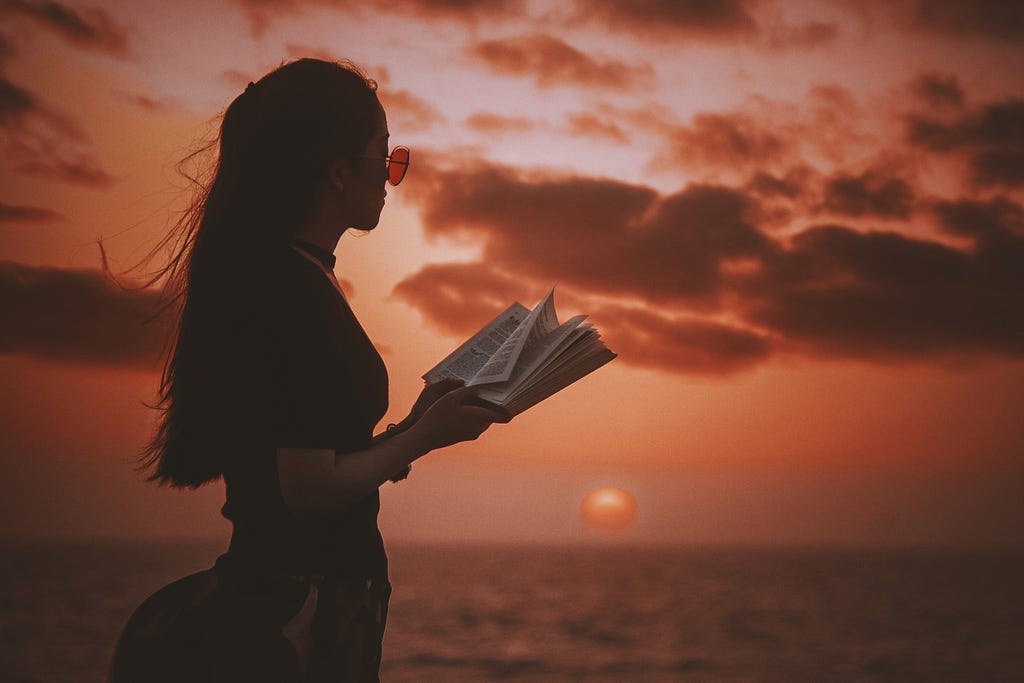 An image about a girl reading on a beach while the sun sets