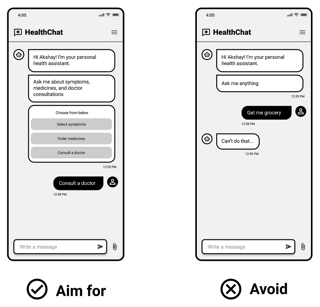 Healthcare chatbot: Clearly communicate boundaries. (left) Aim to explain what the AI can do. In this example, the bot indicates its capabilities and boundaries. (right) Avoid open-ended statements. In this example, saying ‘ask me anything’ is misleading since users can’t ask anything they want.