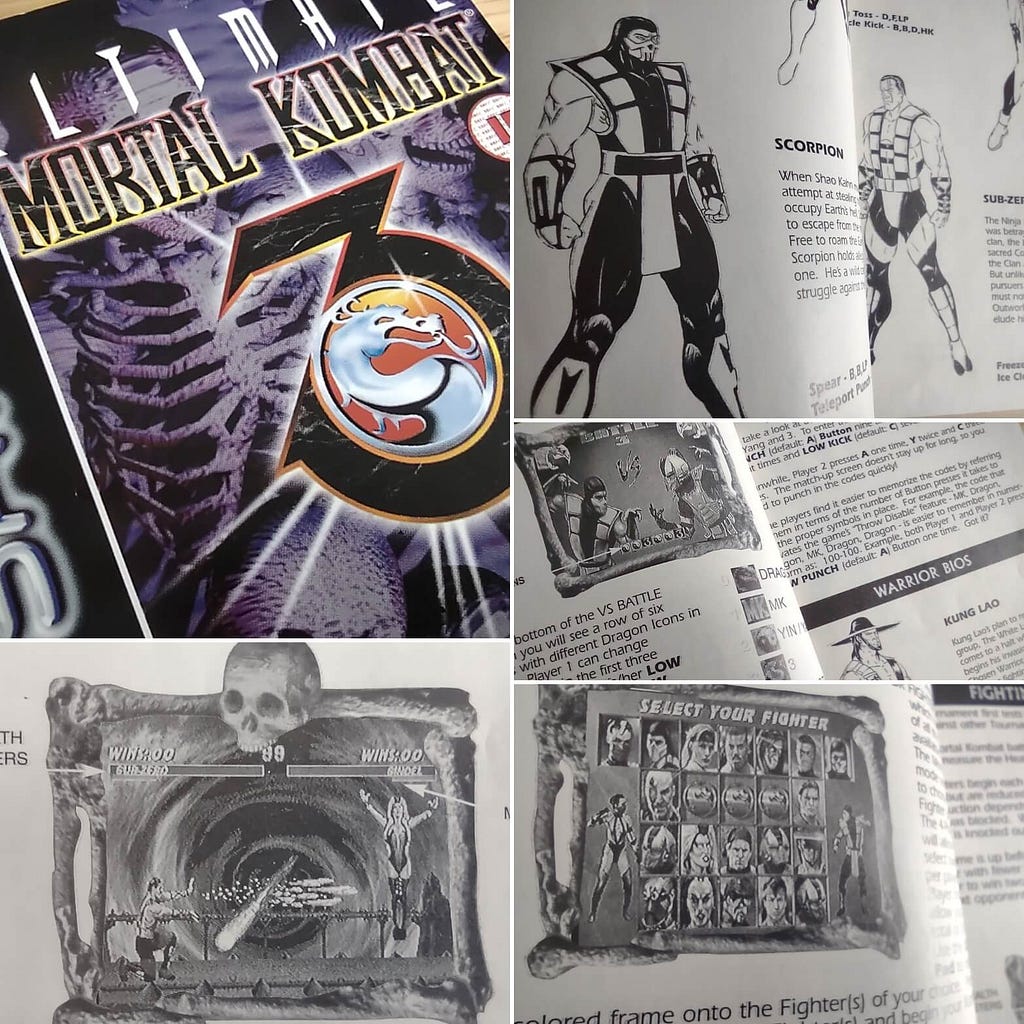 A collage of various photographs taken of the Ultimate Mortal Kombat 3 game manual