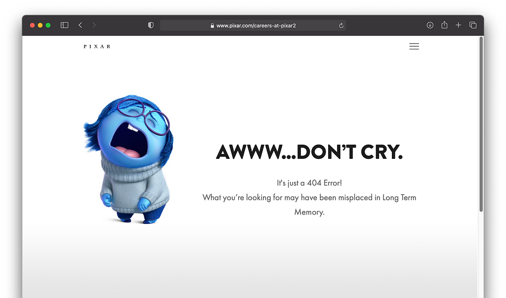 Tela de erro de página não encontrada do site da Pixar