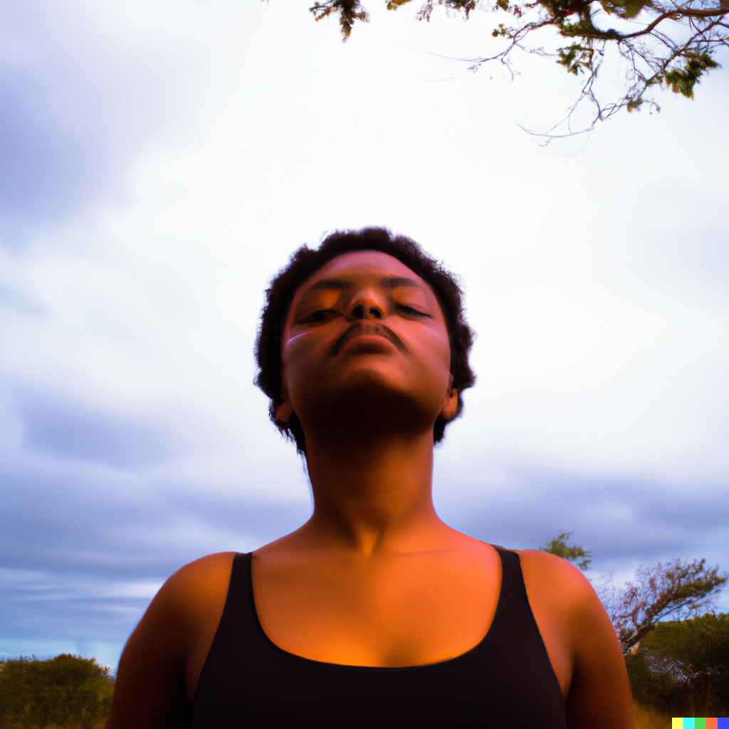 A black girl looking up towards the sky with her eyes closed