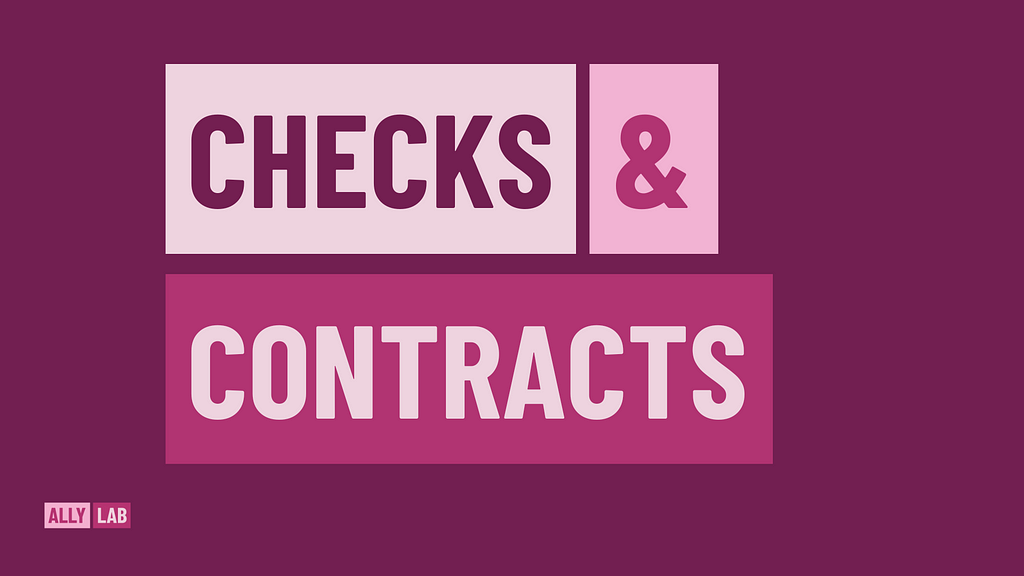 Graphic with heading “Checks and Contracts.” ALLY LAB logo is at the bottom of the graphic.