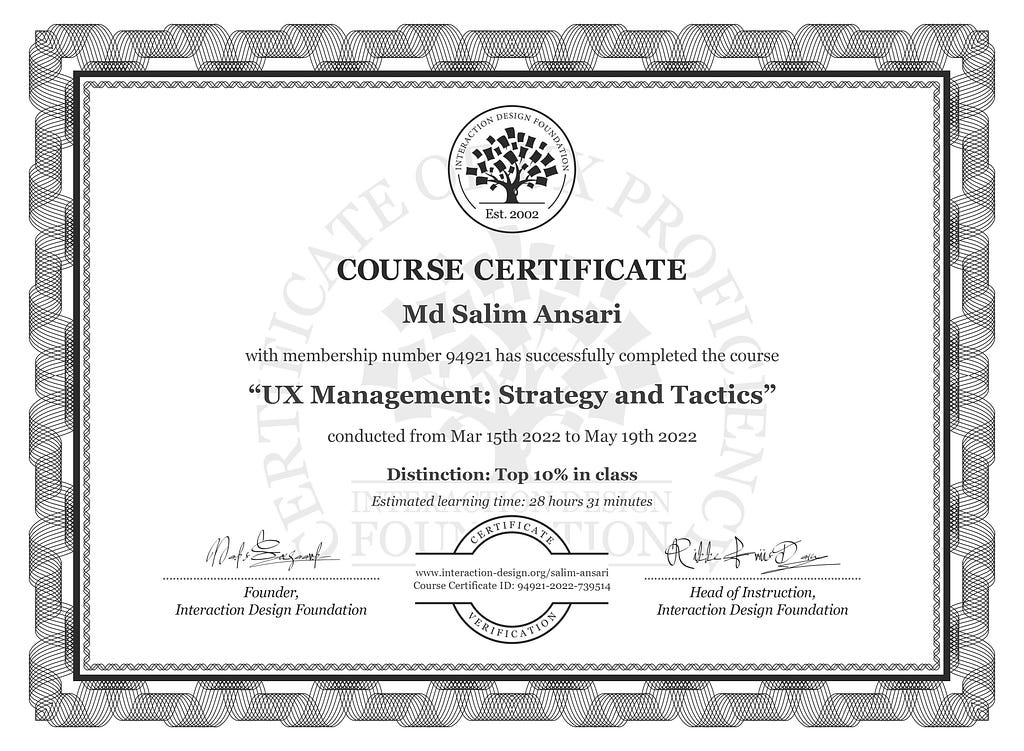 Course Certificate on UX Management: Strategy and Tactics