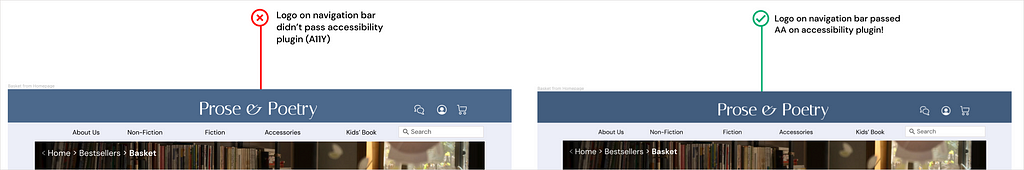 Making changes to the website’s navigation bar by checking accessibility. The updated navigation bar is darker to make the white text more legible.