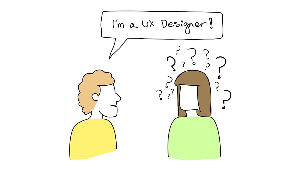 Illustration of a person saying “I’m a UX Designer!” to a confused listener.
