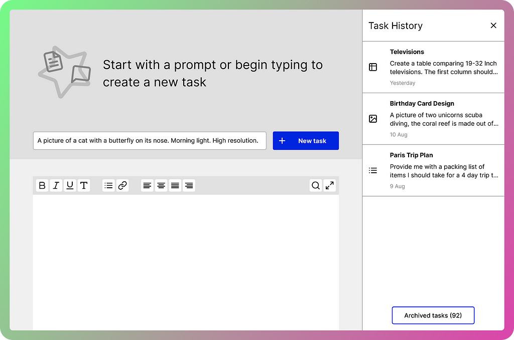 A concept for an AI powered interface. The header text reads “Start with a prompt or begin typing to create a new task”