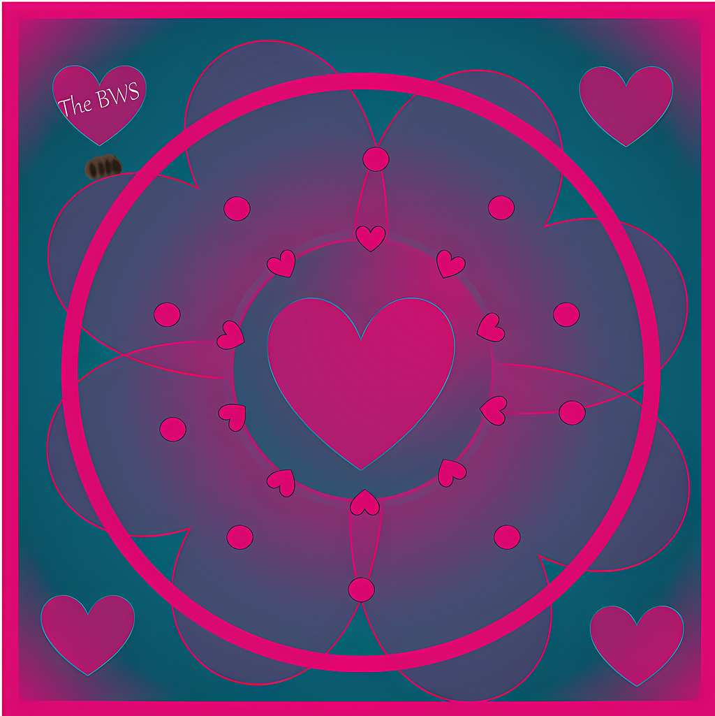 Tiny hearts encircle the giant heart in the center. Classic BWS color scheme, dark teal and deep pink. Chloe the Caterpillar crawls outside, observing the inner circle.