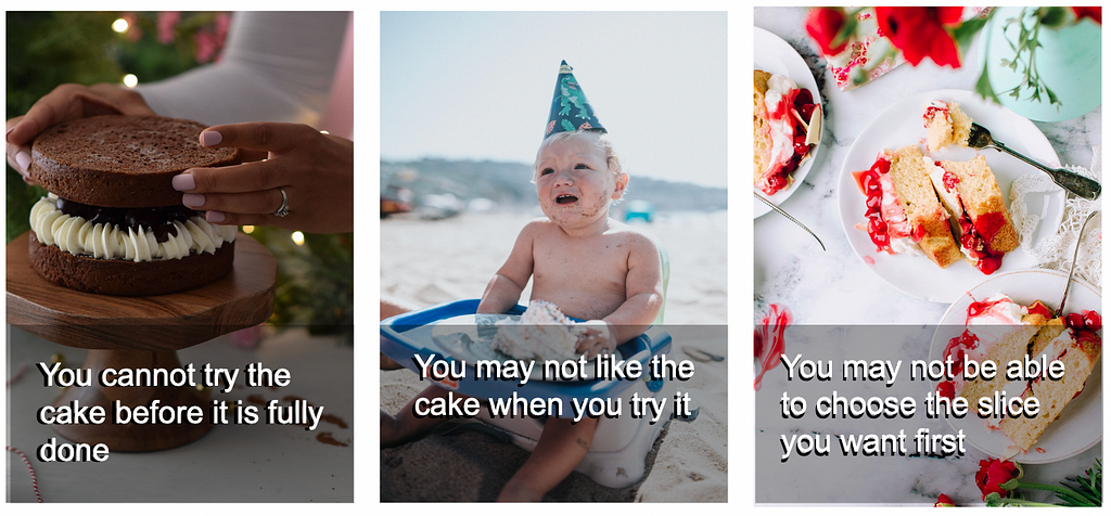 Three images: 1) hand of a person assembling the final layer of a cake; 2) Baby at the beach eating cake and disliking it; 3) Plates with cake slices served over a table