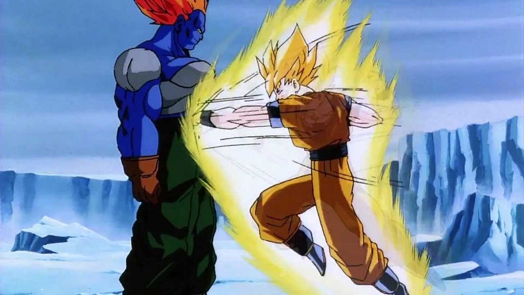 Super Saiyan Goku landing a straight punch on Android 13.