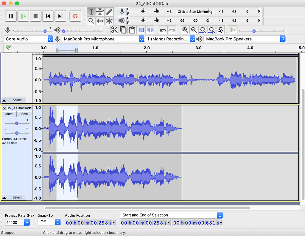 Two audio clips layered in Audacity