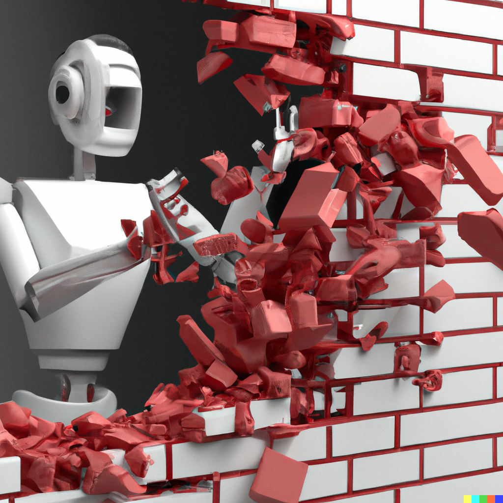 A robot shattering a brick wall