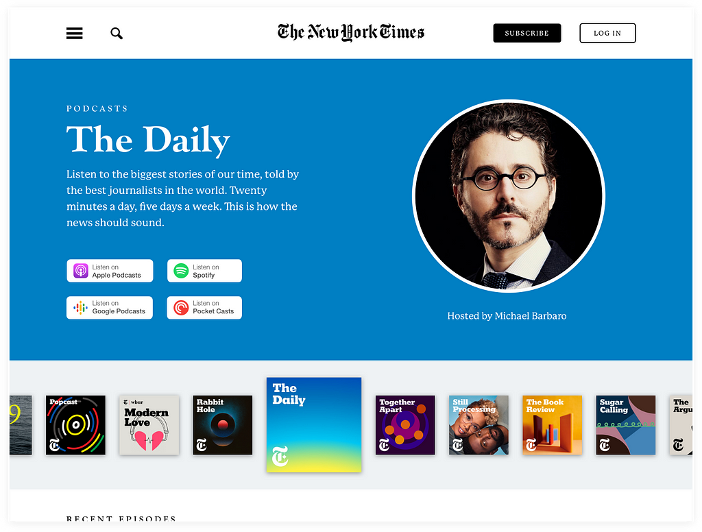 High-fidelity design of The Daily podcast page.