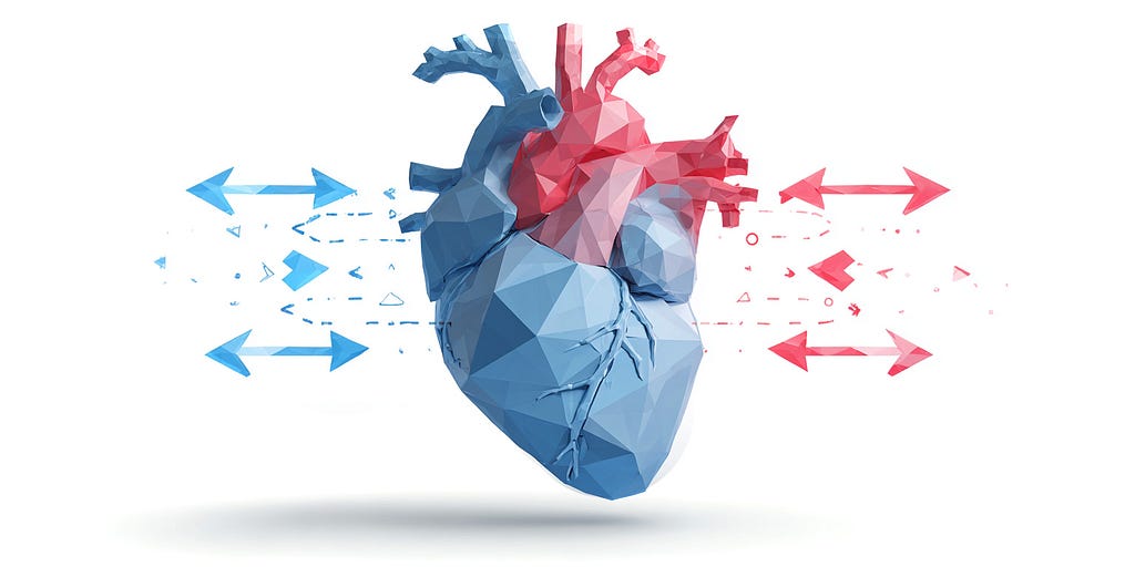 A low poly illustration of a caring heart in the middle with illustrated power point arrows pointing towards and away from the heart. on white background.