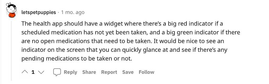 Screenshot of reddit comment noting the need for a notification badge on the health app