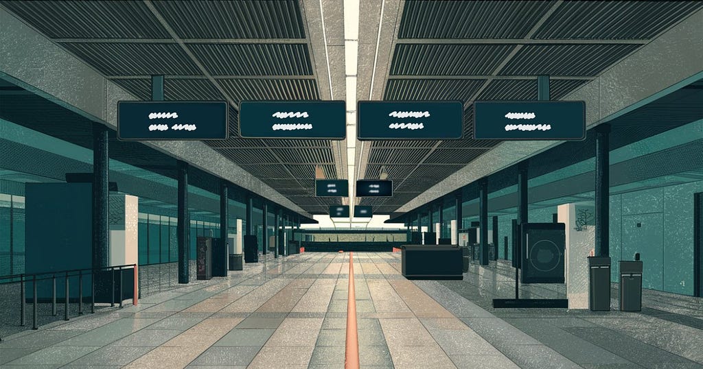 Image of an airport entrance with confusing signs due to missing icons and unfamiliar language.